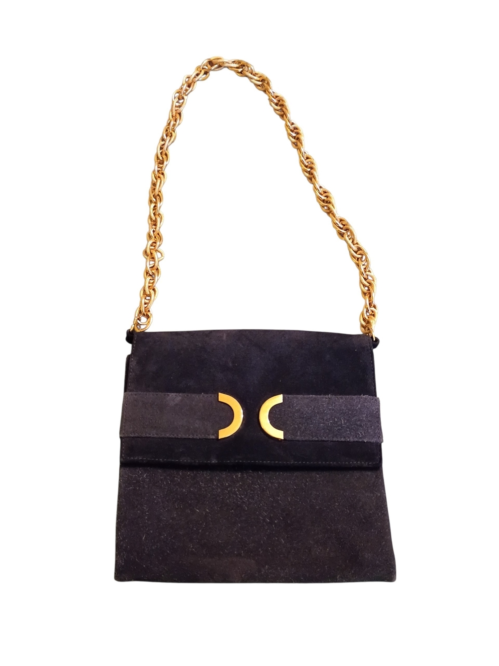 GUC Manon Navy Suede Shoulder Bag with Gold Chain Vintage